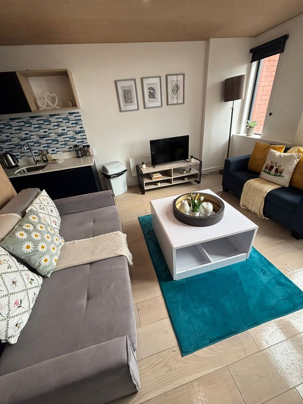 Open-plan living room with gray sofa, white coffee table, TV stand, and teal rug