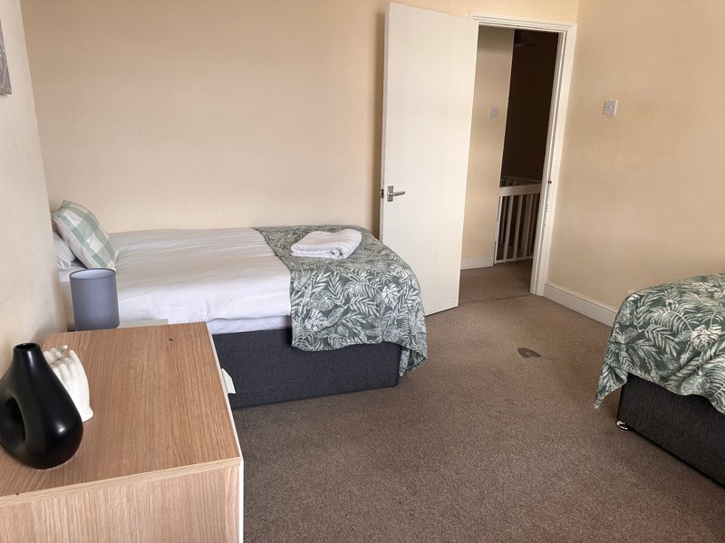 Shared bedroom with two single beds, wooden desk, brown carpet and white doors