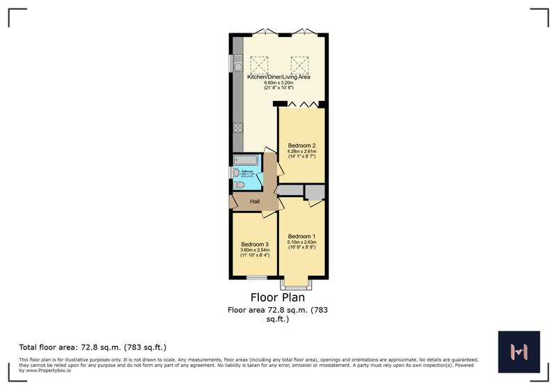 Floor plan layout showing three bedrooms, living area, kitchen and bathroom with room dimensions