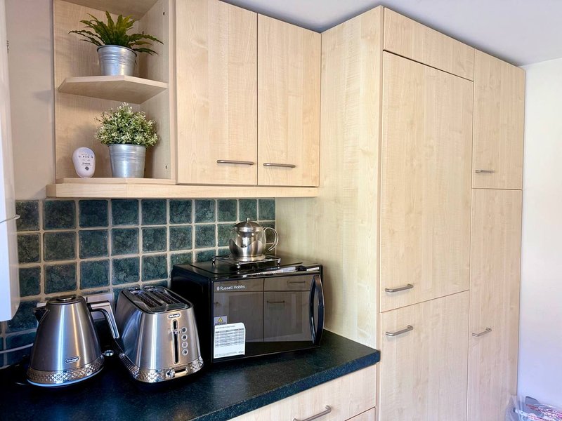 Modern kitchen with light wood cabinets, dark countertop, tiled backsplash and stainless steel appliances