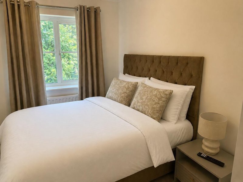 Bright bedroom with double bed, olive headboard, patterned pillows and bedside lamp