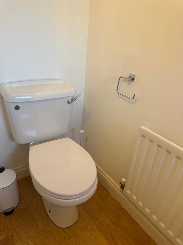 Compact bathroom with toilet, cistern, radiator and toilet paper holder