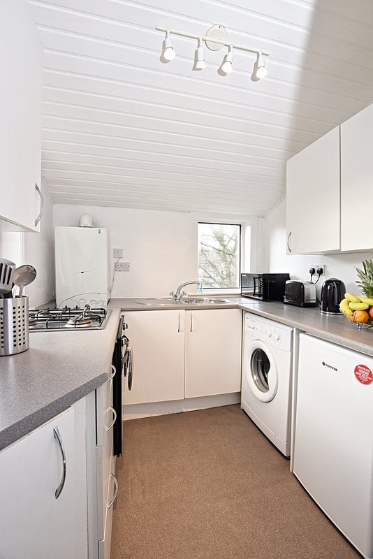 Modern kitchen with white cabinetry, stainless steel appliances, and cork flooring