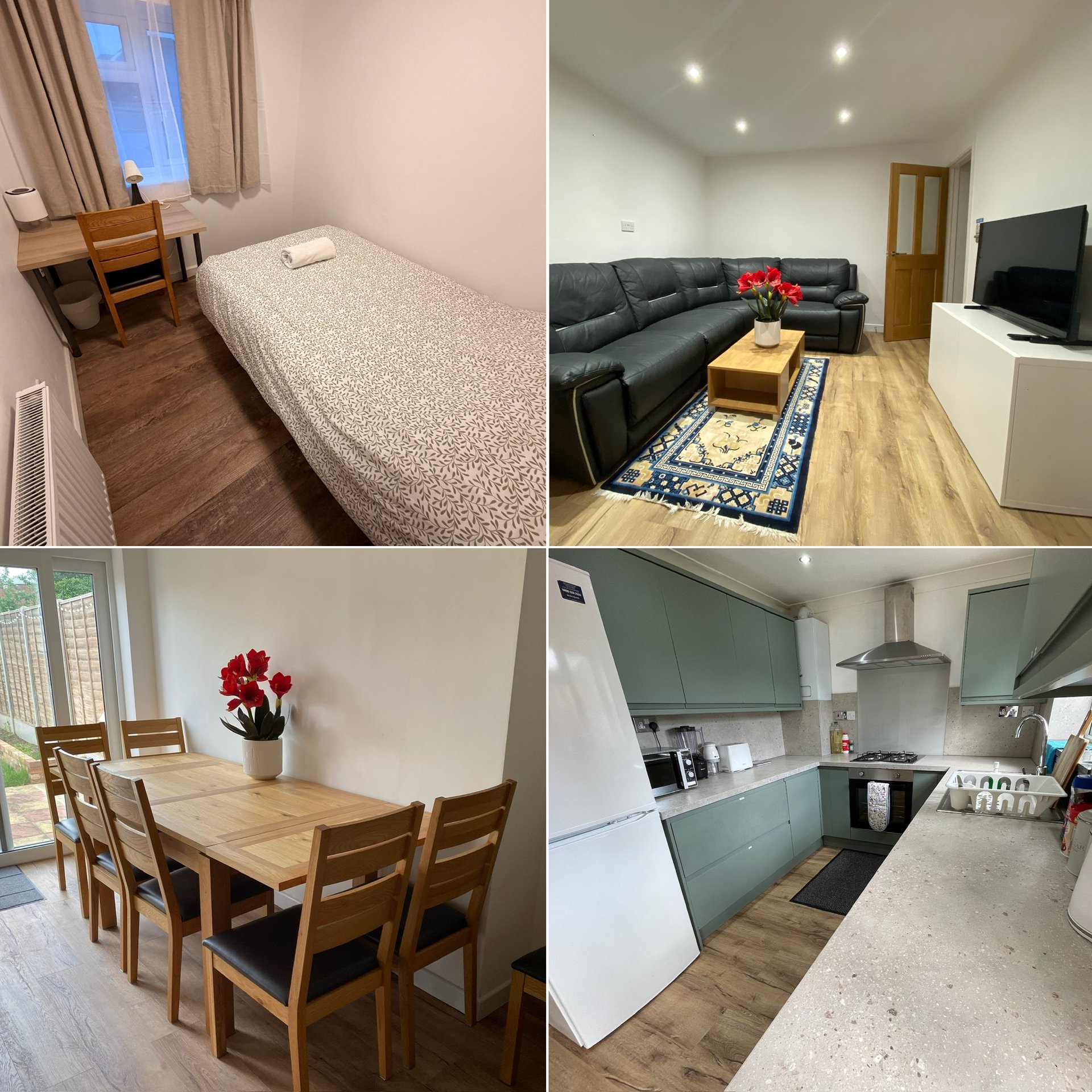 Four-panel collage showing bedroom, living room with sofa, dining area, and kitchen interior
