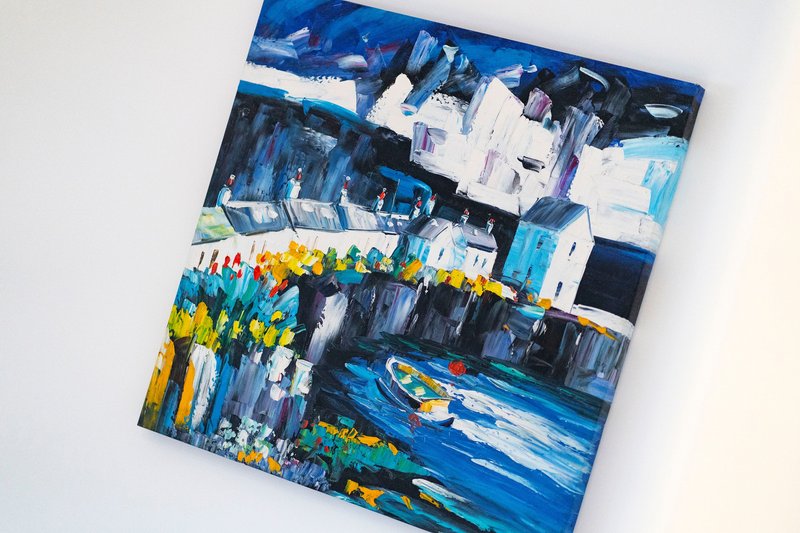 Abstract acrylic painting with blue, white, and yellow brushstrokes on canvas