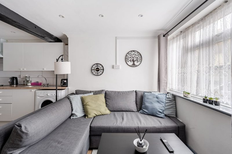 Studio apartment with grey corner sofa, white kitchen, and large window with natural light