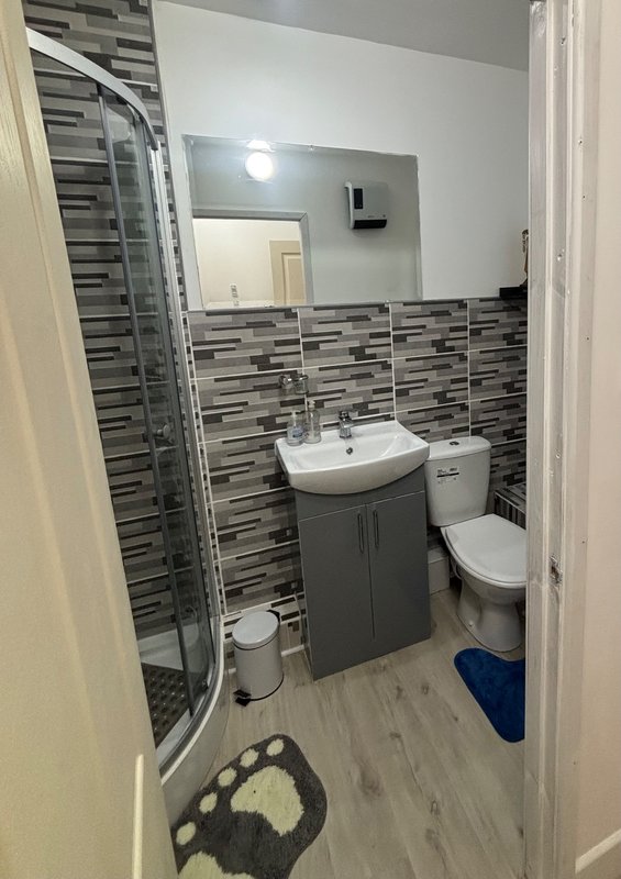Modern bathroom with striped tile walls, sink vanity, toilet, shower cubicle and mirror