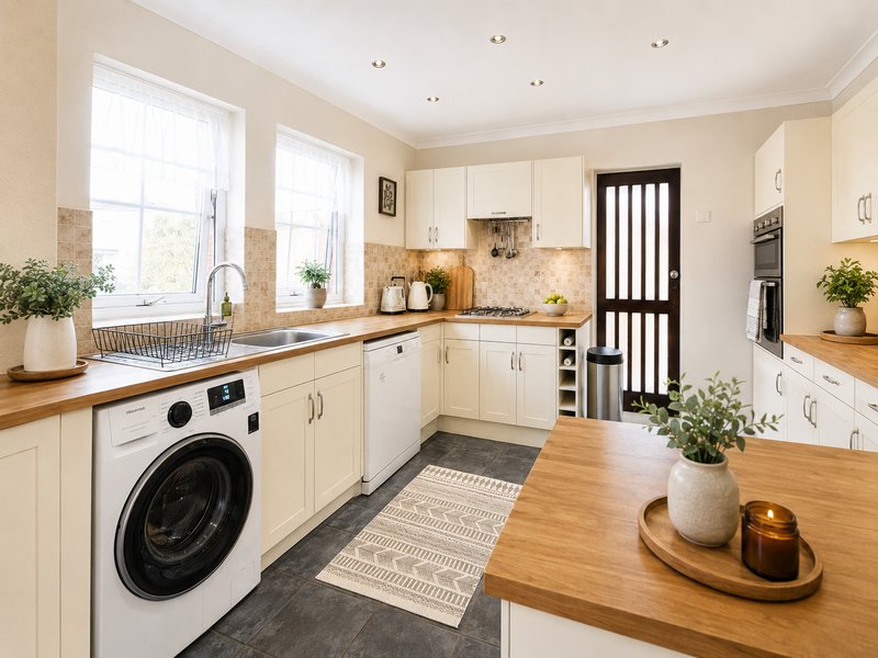 Cream and white kitchen with wooden worktops, washing machine, sink and modern appliances