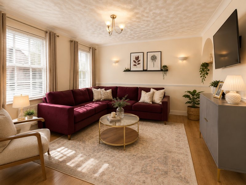Bright living room with burgundy corner sofa, cream armchair, round coffee table and wall-mounted TV