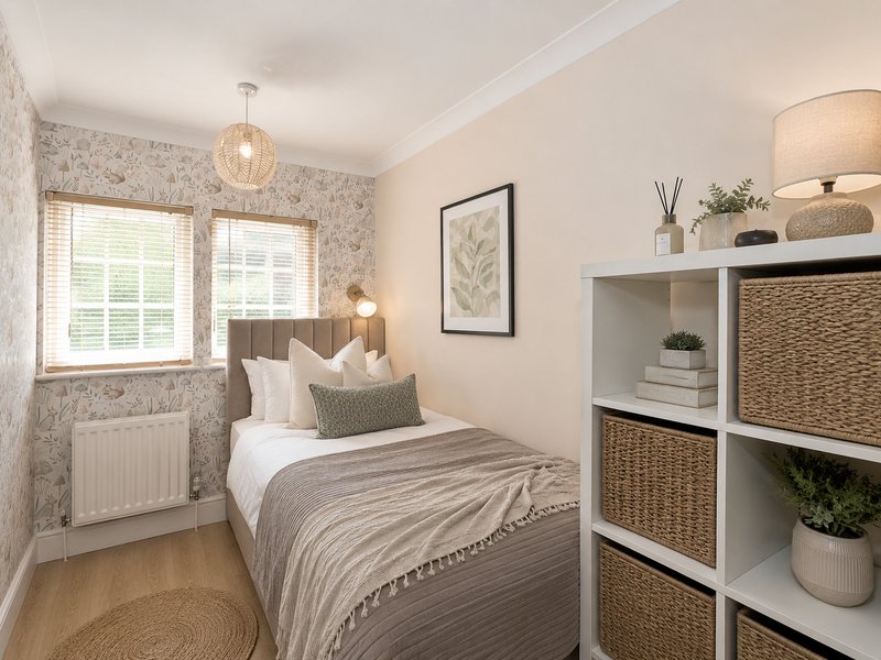 Bright bedroom with single bed, striped bedding, storage shelving, and dual windows with shutters