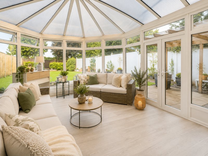 Bright conservatory with cream sofas, round coffee table, potted plants and garden views through glass panels