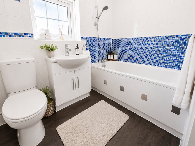 Modern bathroom with white suite, blue tile splashback, toilet, sink vanity and bathtub