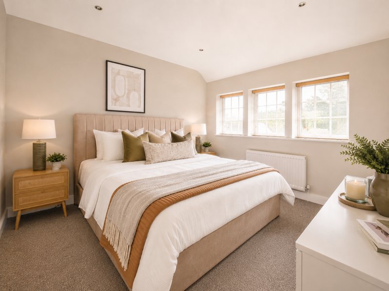 Spacious bedroom with upholstered headboard, double bed, wooden nightstand, and large windows