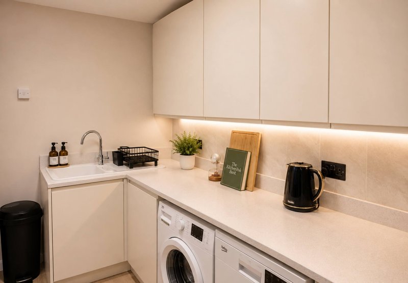 Modern kitchenette with white cabinetry, washing machine, kettle and small appliances