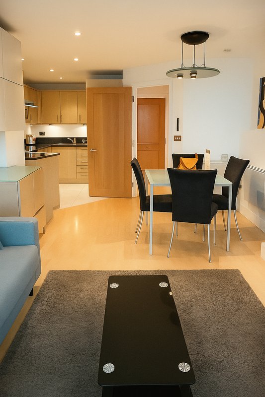 Open-plan kitchen and dining area with wooden cabinets, dining table, chairs and pendant lighting