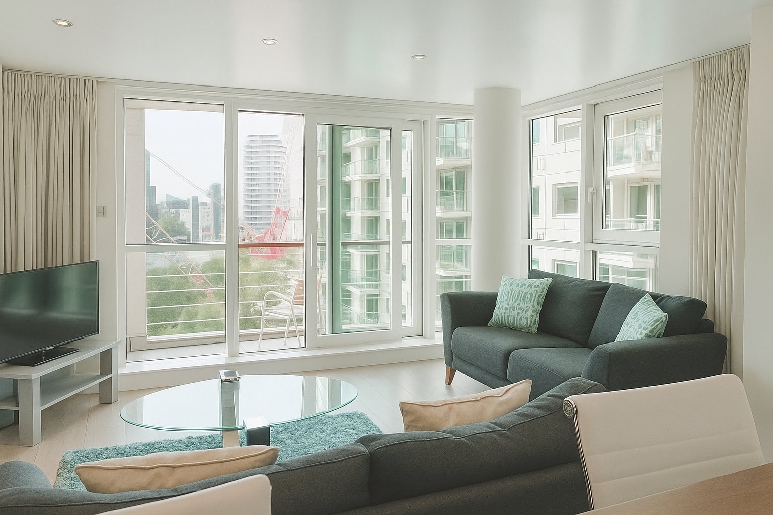 Modern living room with dark sofas, large windows overlooking city, and turquoise accents