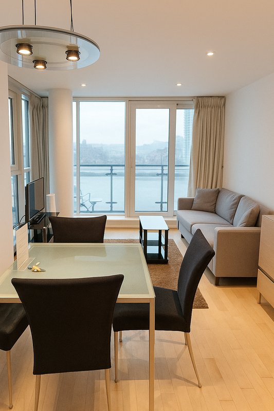 Modern open-plan living and dining area with large waterfront windows, dining table, sofa, and pendant lighting