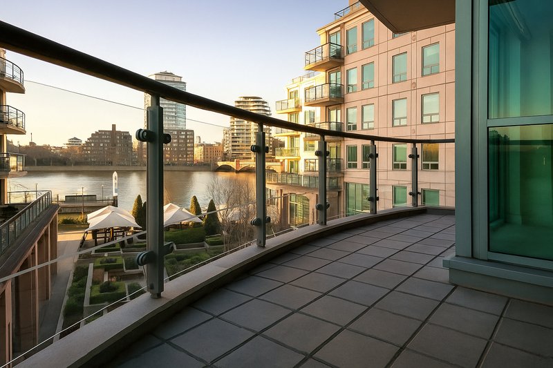 Waterfront terrace with glass railing, patio seating, and city skyline views