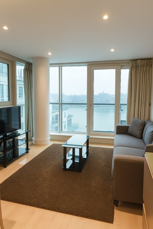 Modern living room with floor-to-ceiling windows overlooking water, gray sofa, TV, and wooden flooring