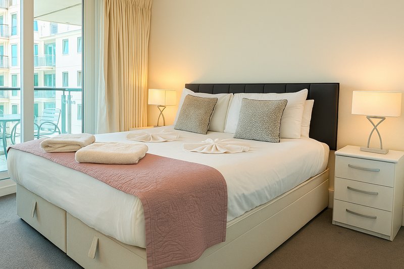 Bedroom with queen bed, pink throw, white pillows, bedside lamps and city view windows