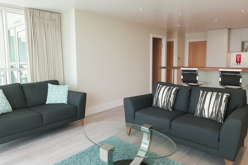 Modern living room with two dark sofas, glass coffee table, turquoise rug and large windows