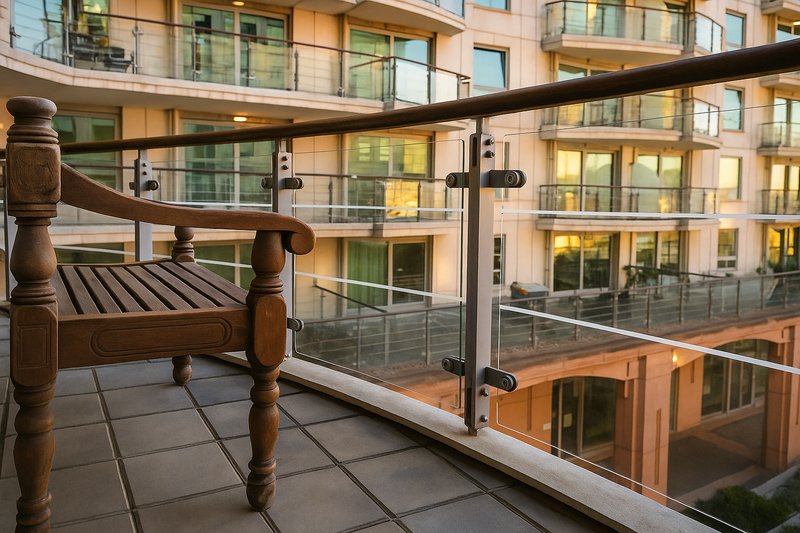 Modern apartment balcony with wooden chair, metal railing, and city building views