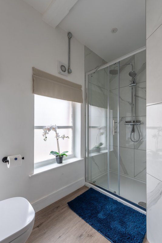 Modern bathroom with walk-in shower, toilet, window and blue bath mat