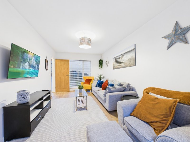 Bright living room with grey sofa, armchair, TV, wooden door and decorative star