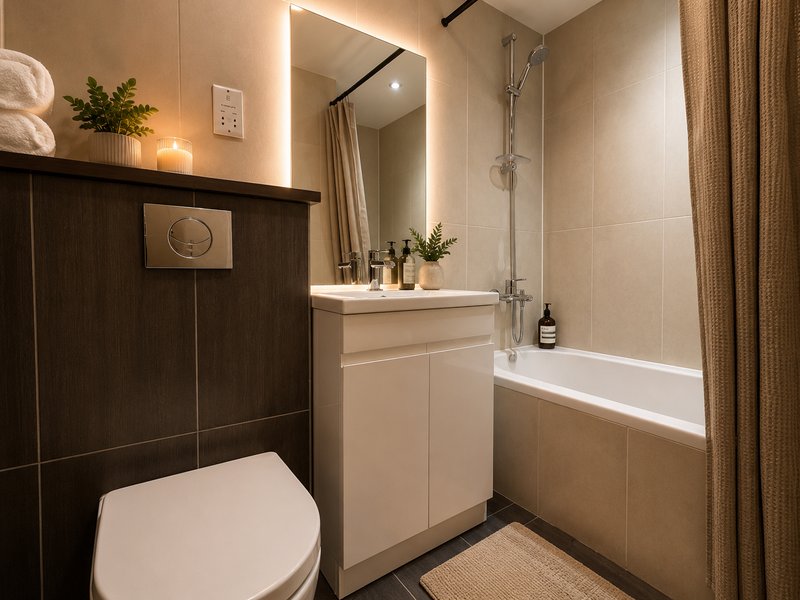 Modern bathroom with white vanity, illuminated mirror, bathtub and toilet
