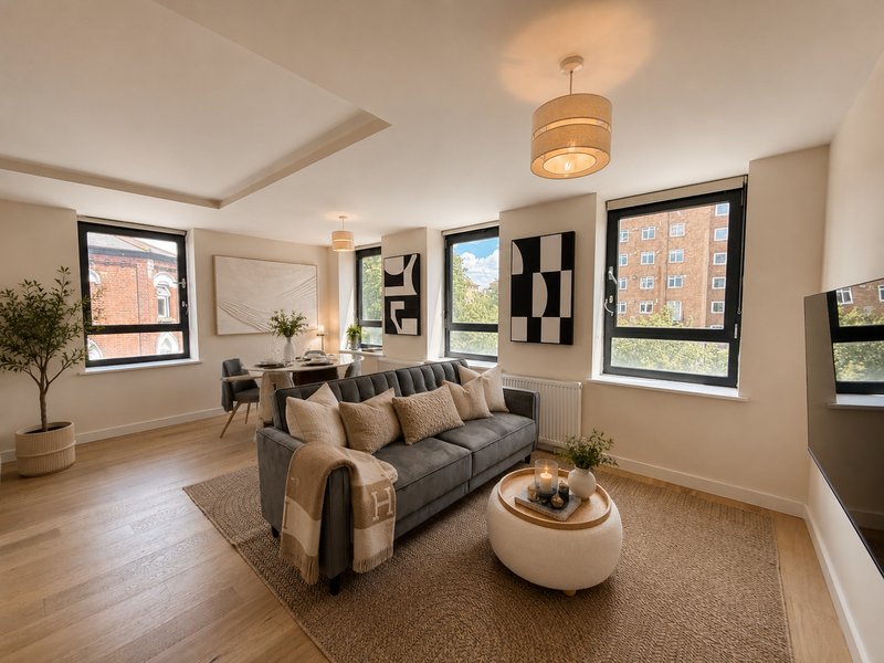 Modern living room with grey sofa, geometric wall art, pendant light, wooden flooring and city views
