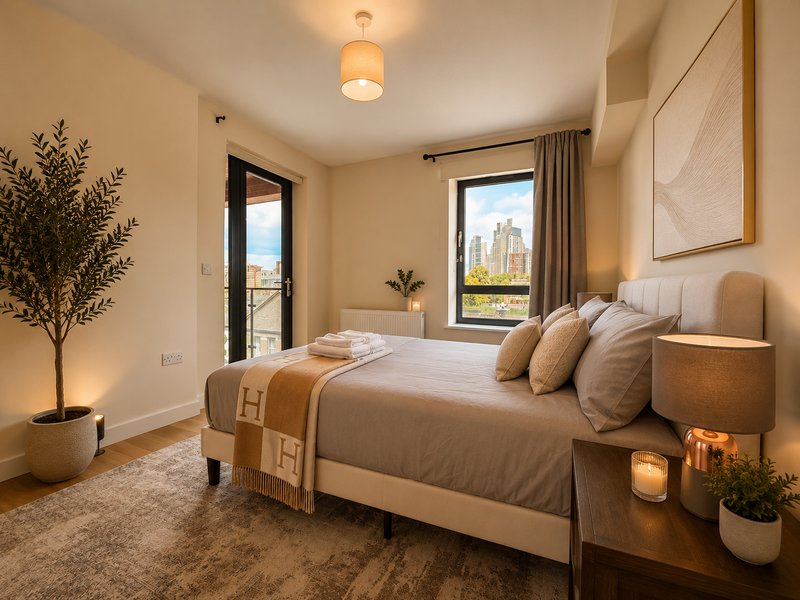 Modern bedroom with queen bed, potted plant, city view windows and warm lighting