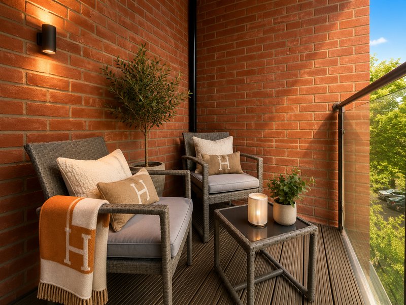 Brick outdoor patio with two gray armchairs, cushions, throw blanket, potted plants and side table