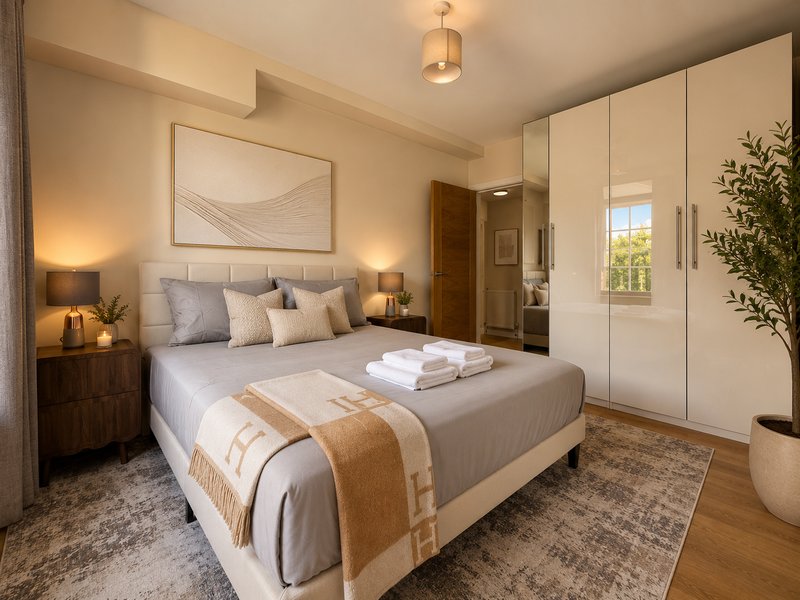 Spacious bedroom with queen bed, wooden nightstands, wardrobe, and pendant lighting