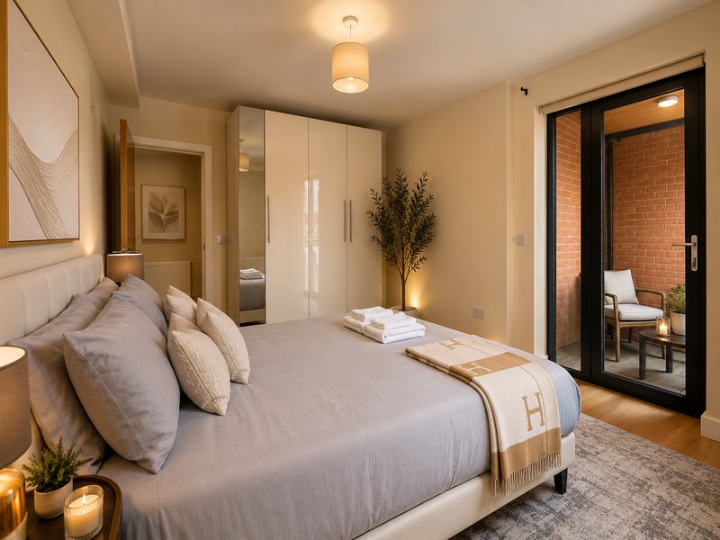 Modern bedroom with double bed, neutral bedding, pillows, and warm lighting throughout