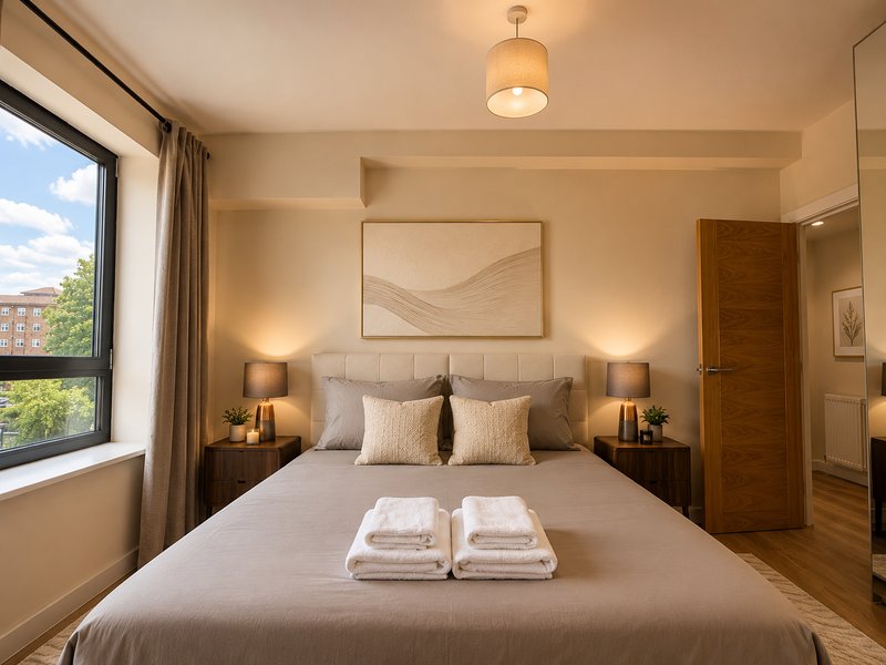 Modern bedroom with double bed, bedside lamps, wall art, and large window overlooking trees