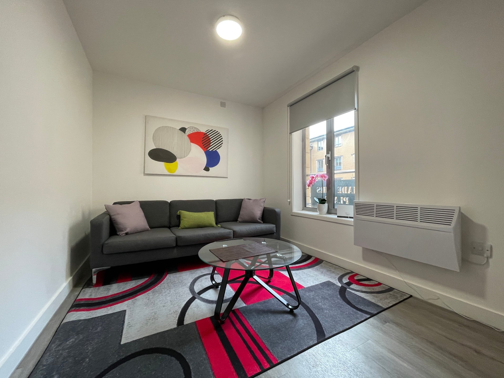 Modern living room with dark sofa, colorful cushions, red and grey rug, round table and framed abstract artwork