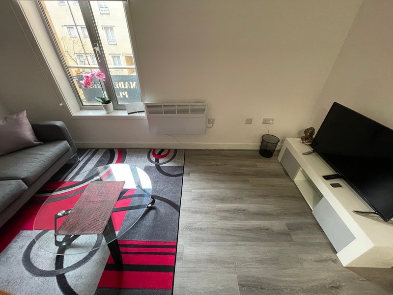 Studio apartment with sofa, red and black rug, TV unit, and skylights
