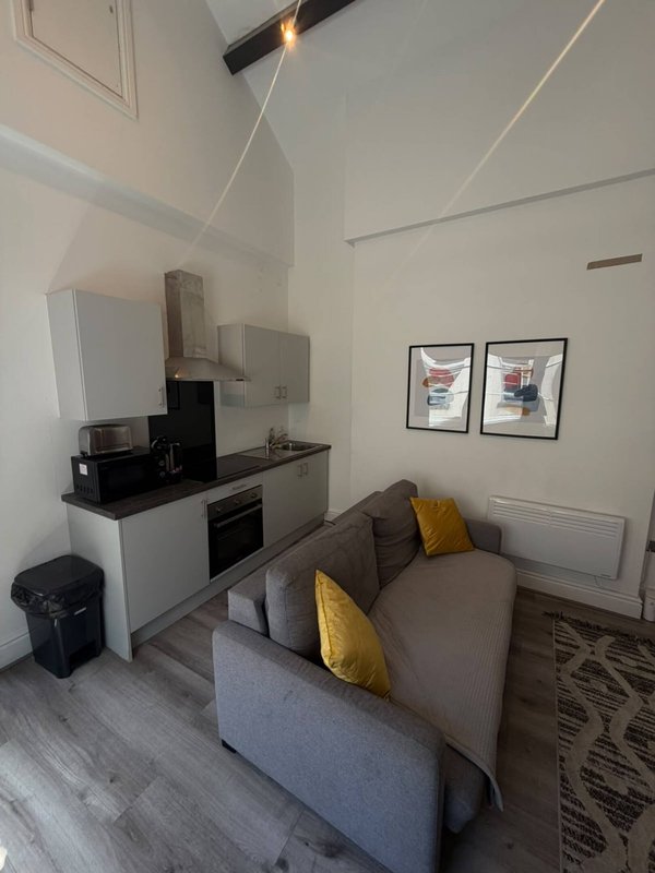 Open-plan studio with kitchenette, grey sofa with yellow cushions, framed wall art