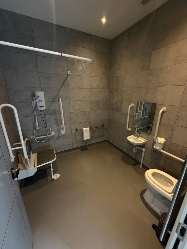 Accessible bathroom with walk-in shower, grab rails, sink and toilet