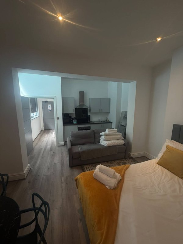 Open-plan studio apartment with bed, kitchen area, and living space visible through glass partition
