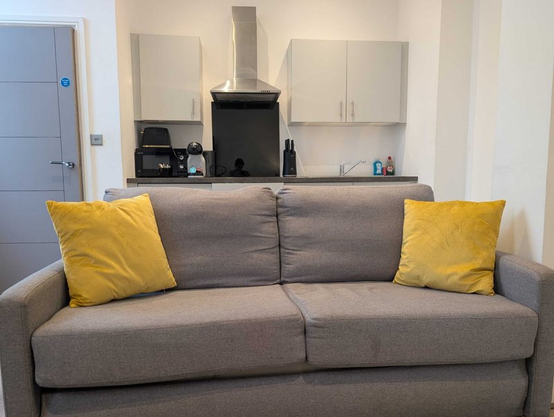 Modern open-plan living space with gray sofa, yellow cushions, and kitchen area