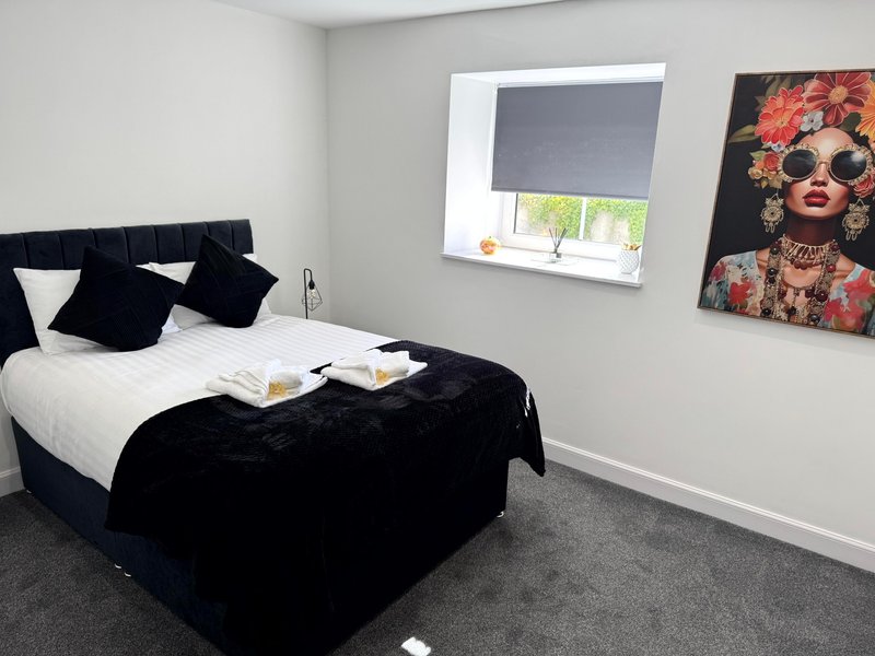 Modern bedroom with black bed, white pillows, dark carpet and colorful wall art