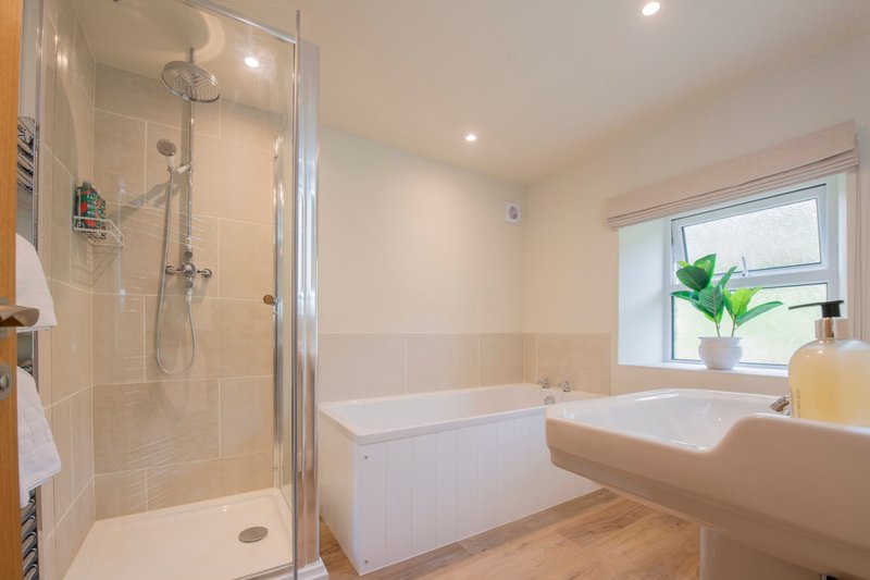 Modern bathroom with walk-in shower, bathtub, sink and window with plant