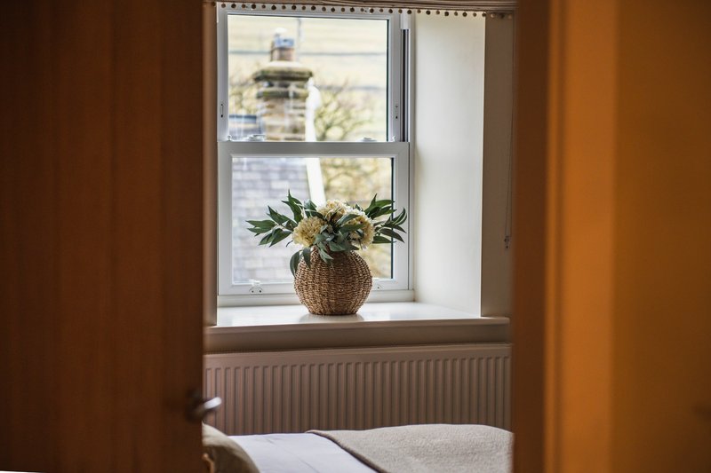 Bedroom window with potted plant on sill, radiator below, and view of street outside