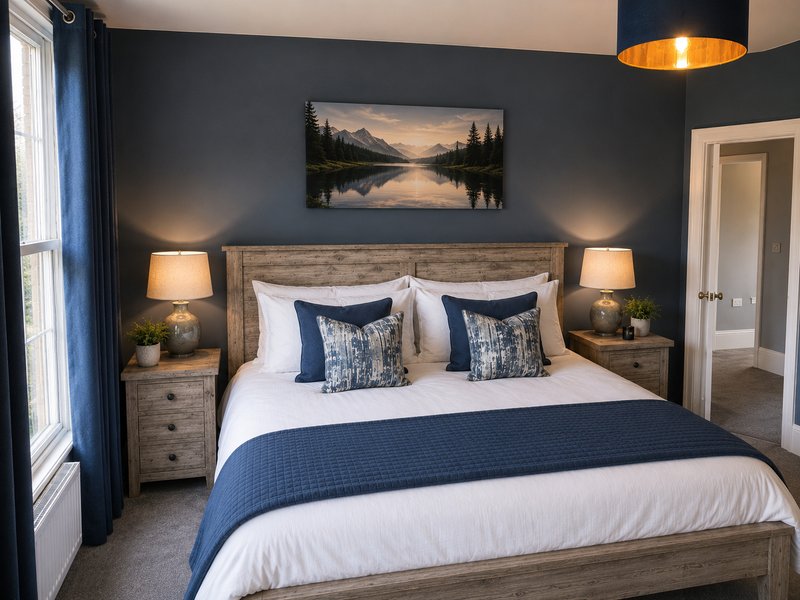 Modern bedroom with wooden bed frame, navy bedding, white pillows, and landscape artwork on dark walls