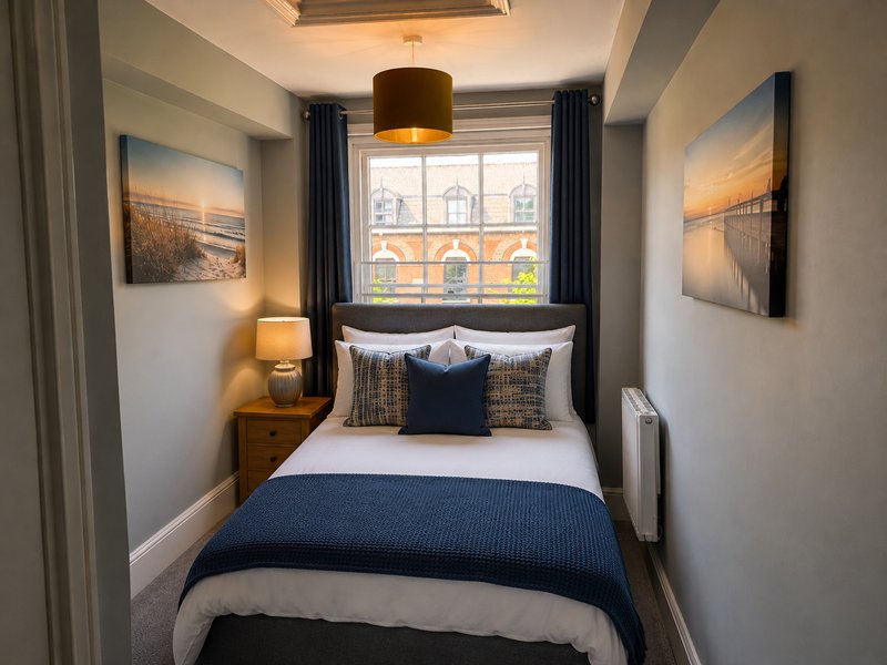 Compact bedroom with single bed, navy bedding, wooden nightstand, and window overlooking street