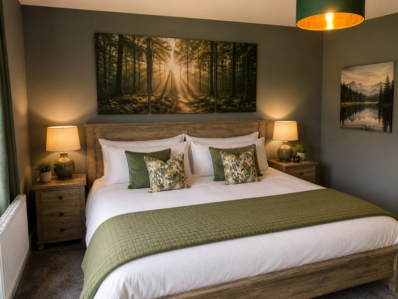 Bedroom with double bed, green bedding, wooden headboard, twin lamps and forest wall art