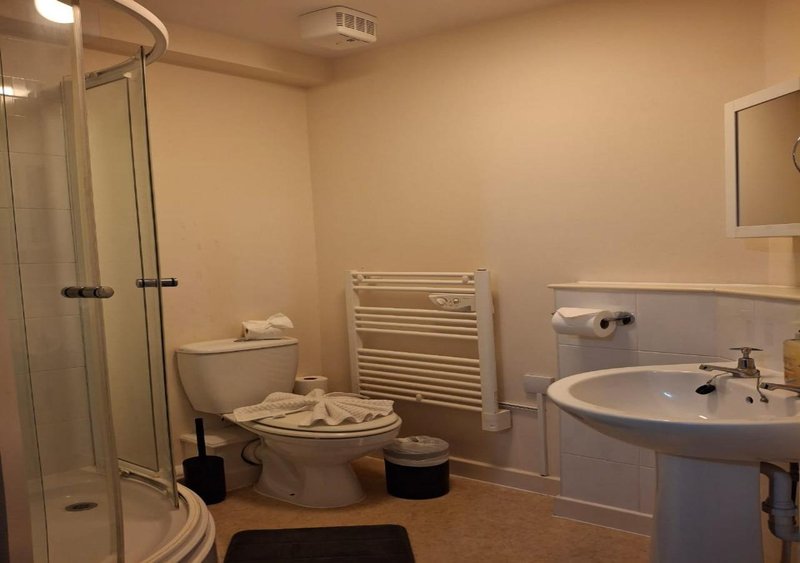 Bathroom with shower enclosure, toilet, heated towel rail, pedestal sink and mirror