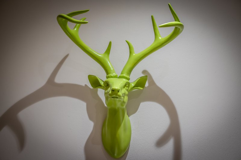 Green decorative deer head sculpture with branching antlers and shadow on white wall
