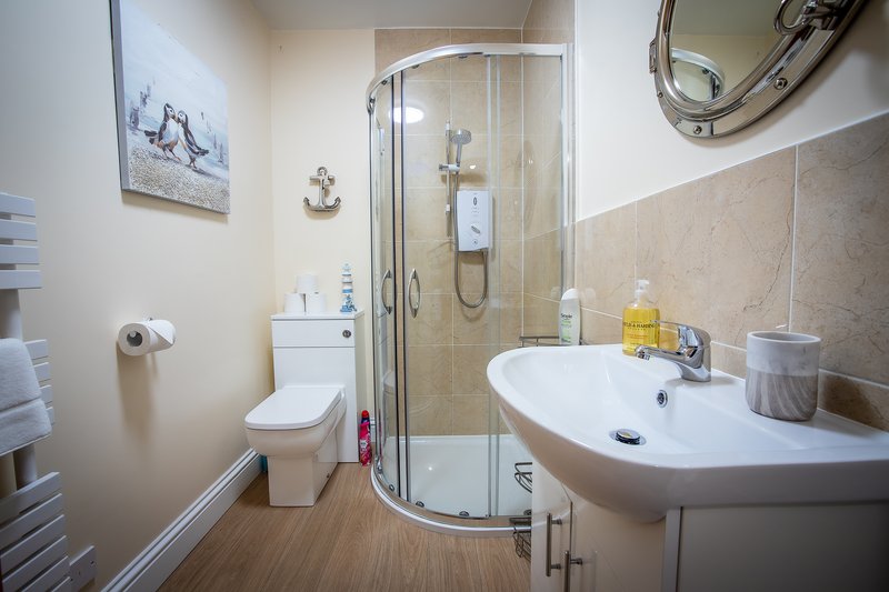 Modern bathroom with shower enclosure, white sink, toilet, and wooden flooring